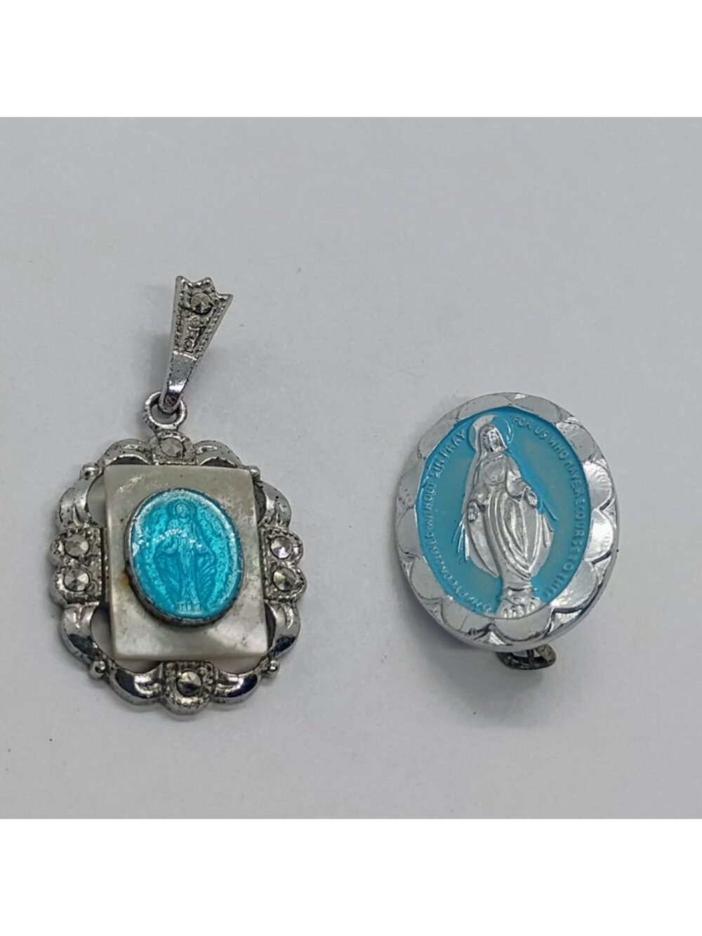 Vtg Theda Sterling Silver Miraculous Virgin Blue Enamel Marcasite Pendant +Extra - Picture 2 of 7